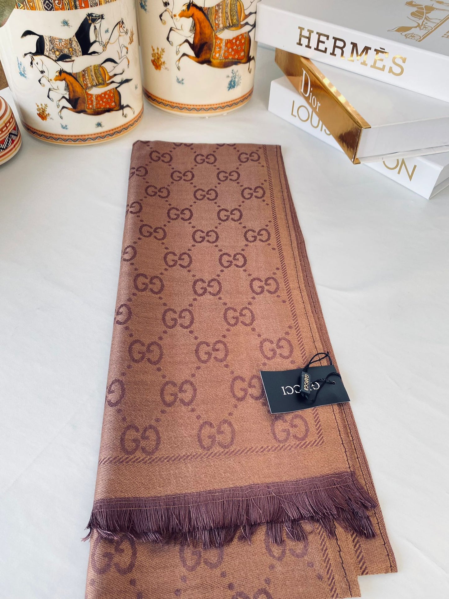 İthal Gucci Pamuk Yün İpek Şal 544330 - Kahve