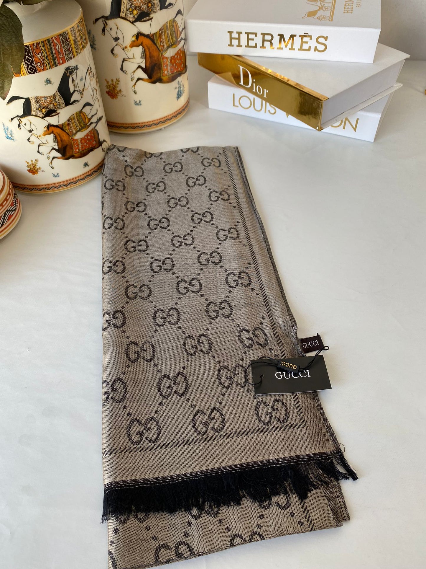 İthal Gucci Pamuk Yün İpek Şal 544330 - Vizon